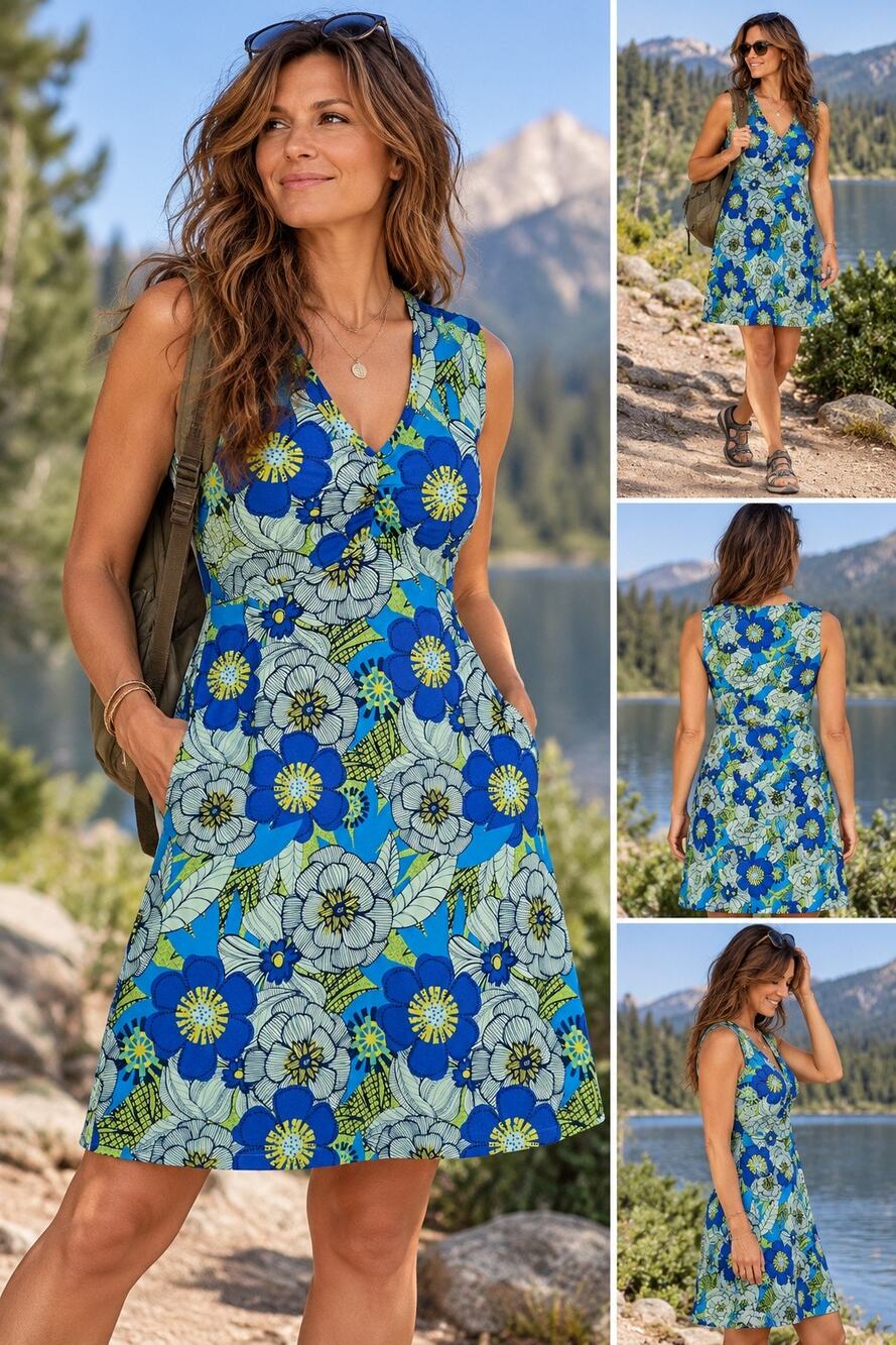 REI Womens XL Blue Floral Stretch Travel Dress V Neck Sleeveless Outdoor Hiking